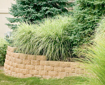 Tan colored retaining wall built around bushes. Retaining wall is made up of rectangular reading rock stones provided by Westview Concrete.