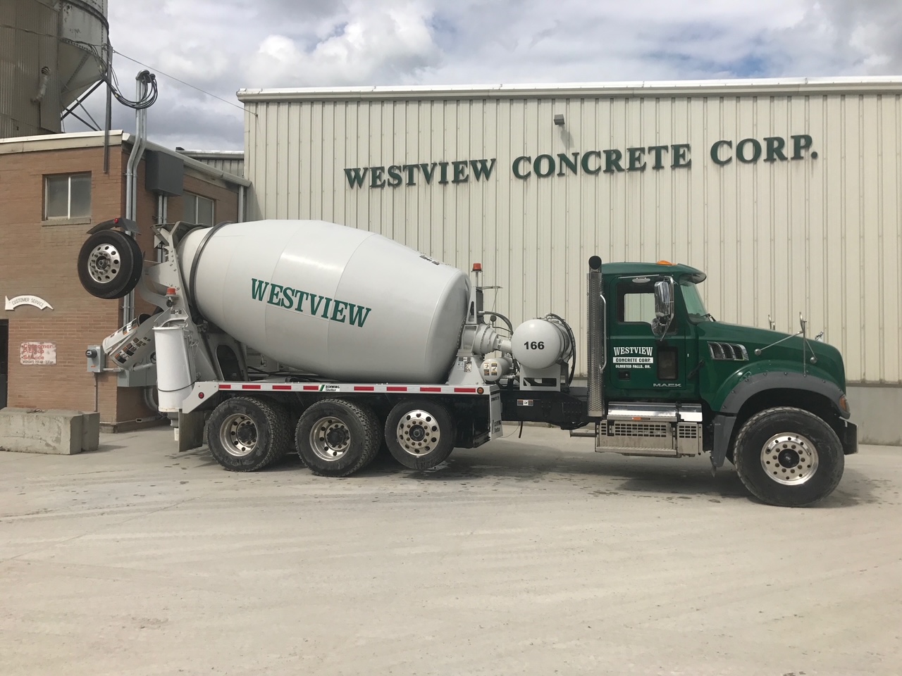 WestvReady-mix concrete truck outside of Westview Concrete batch plant