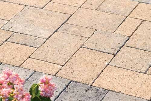 Image of Hanover Pavers Appian® Prest® Brick provided by Westview Concrete with pink flowers planted next to it.